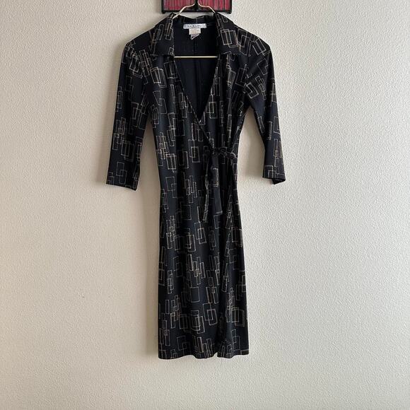 Vintage La Belle black gold retro abstract 3/4 sleeve wrap midi dress size S - Picture 5 of 10